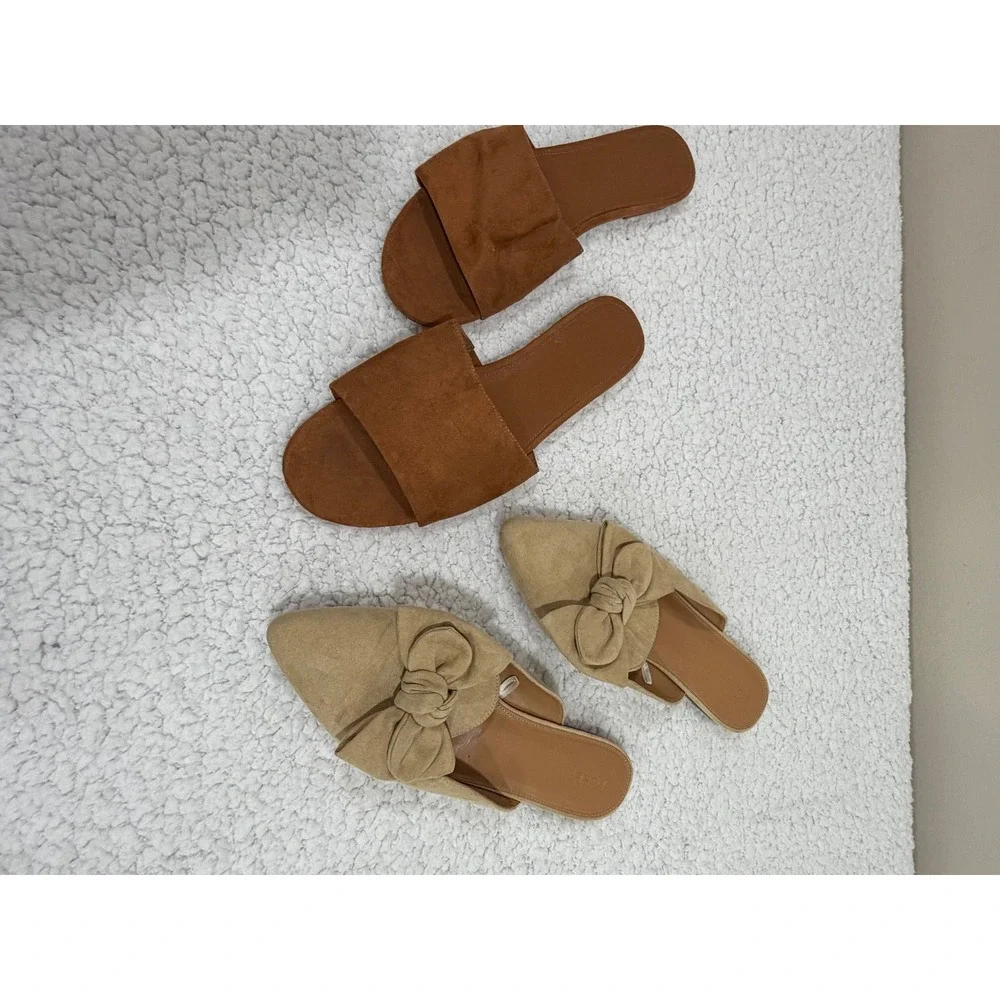 J.Crew Womens 12 Tan Brown Suede Bow Pointed Mule Slide 2 Pair Bundle Boho